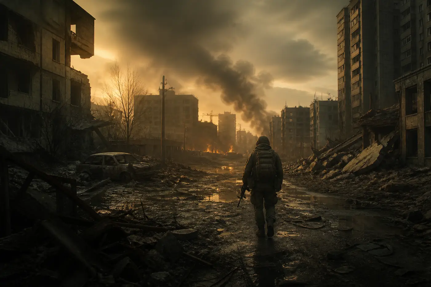 Escape from Tarkov — ruined city streets at dusk
